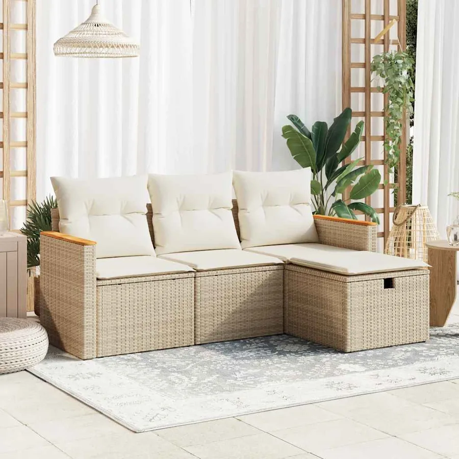 Salon de jardin avec coussins 4 pcs beige résine tressée
