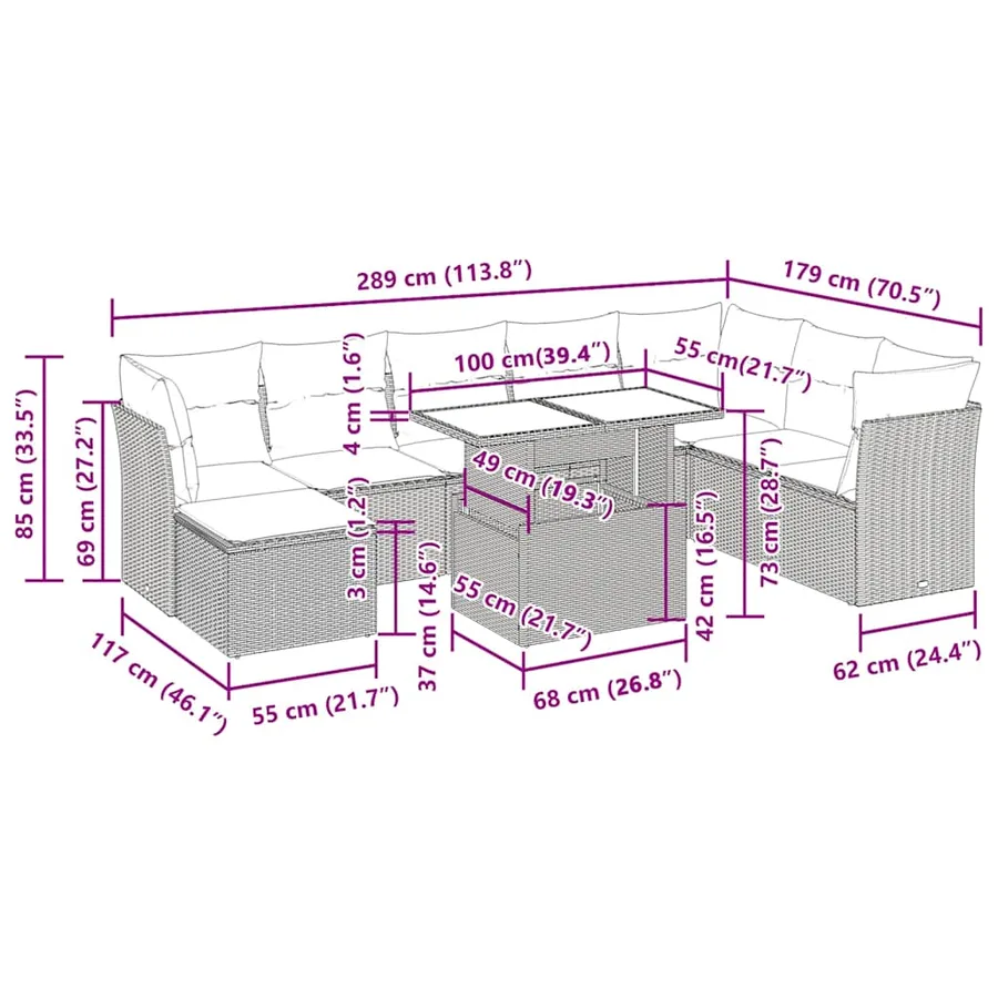 Salon de jardin avec coussins 9 pcs beige résine tressée - 13