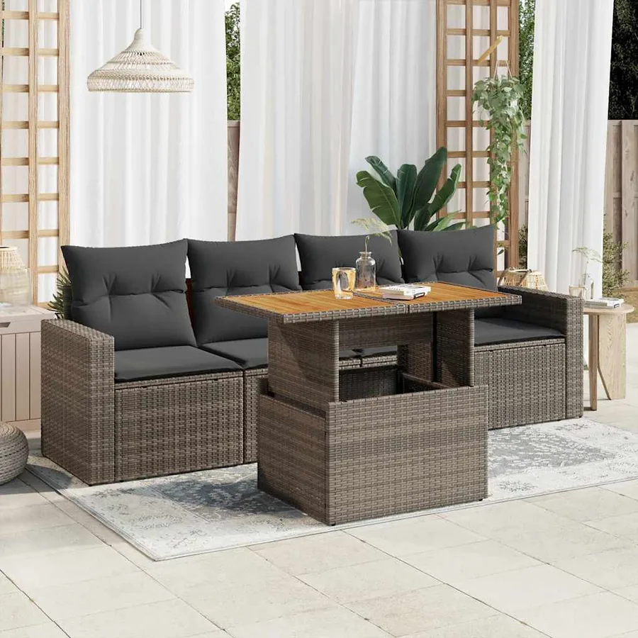Salon de jardin 5 pcs avec coussins gris résine tressée