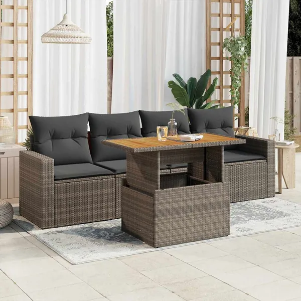 Salon de jardin 5 pcs avec coussins gris résine tressée