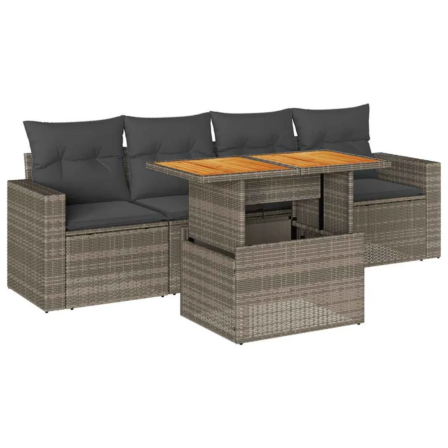 Salon de jardin 5 pcs avec coussins gris résine tressée - 2