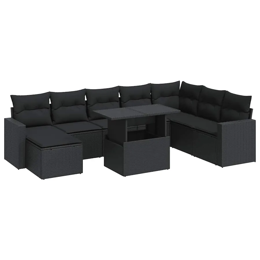 Salon de jardin 9 pcs avec coussins noir résine tressée - 2