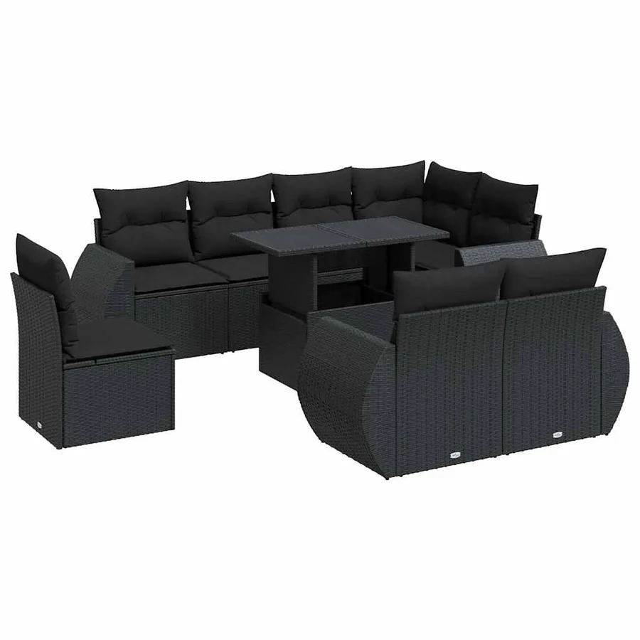 Salon de jardin 9 pcs avec coussins noir résine tressée - 2