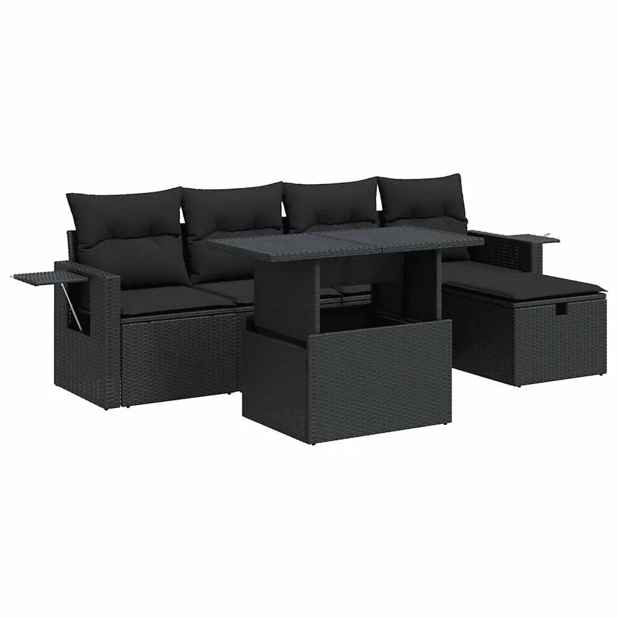 Salon de jardin 6 pcs avec coussins noir résine tressée - 2