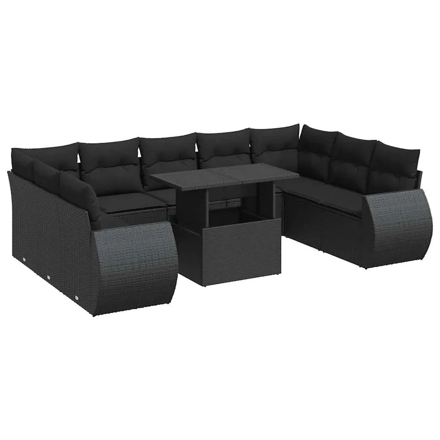 Salon de jardin 10 pcs avec coussins noir résine tressée - 2