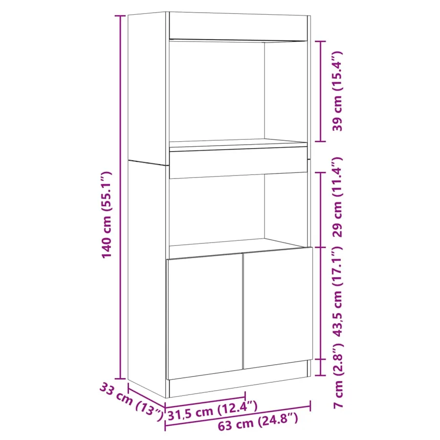 Buffet haut chêne sonoma 63x33x140 cm bois d'ingénierie - 12
