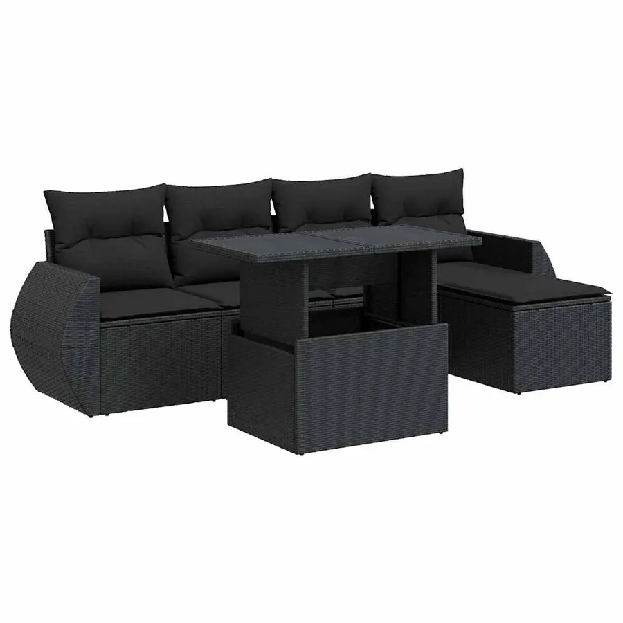Salon de jardin 6 pcs avec coussins noir résine tressée - 2