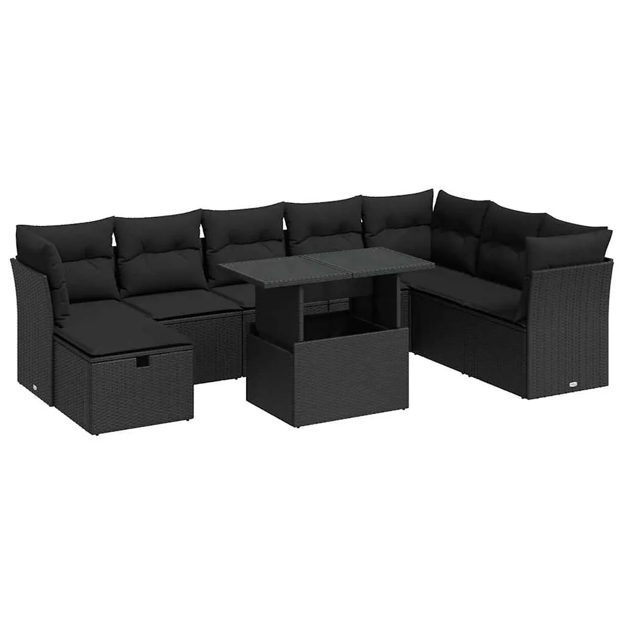 Salon de jardin 9 pcs avec coussins noir résine tressée - 2
