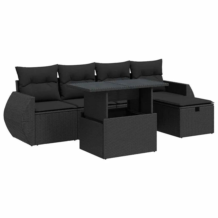 Salon de jardin 6 pcs avec coussins noir résine tressée - 2