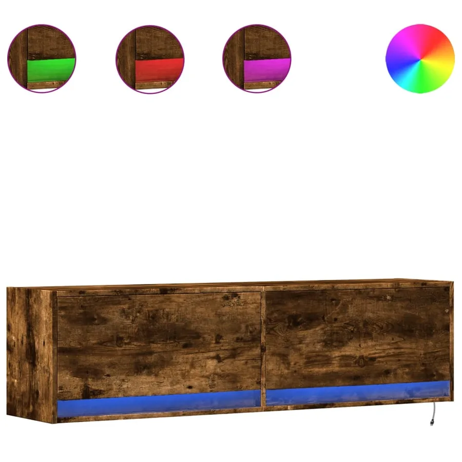 Meuble TV mural avec lumières LED chêne fumé 140x31x38 cm - 2