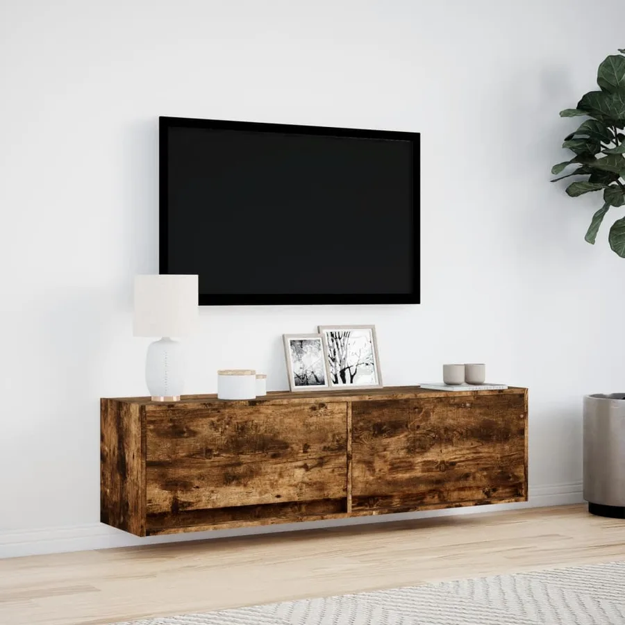 Meuble TV mural avec lumières LED chêne fumé 140x31x38 cm - 4