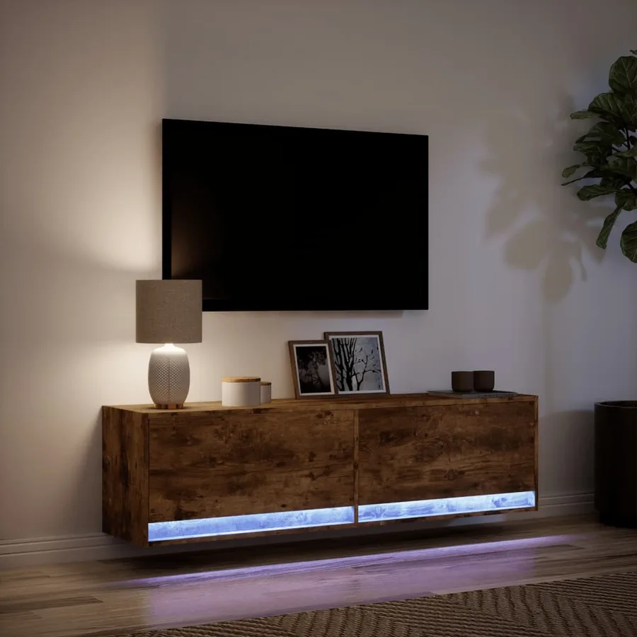 Meuble TV mural avec lumières LED chêne fumé 140x31x38 cm - 5