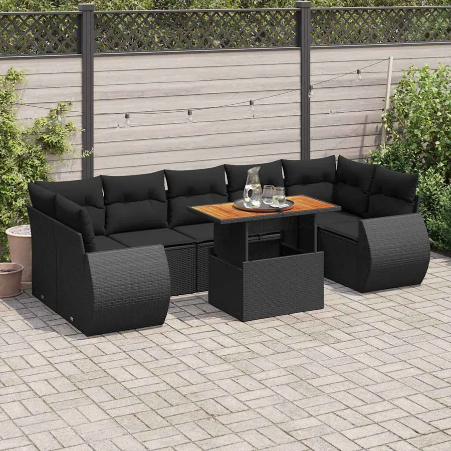 Salon de jardin 8 pcs avec coussins noir résine tressée