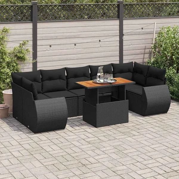 Salon de jardin 8 pcs avec coussins noir résine tressée