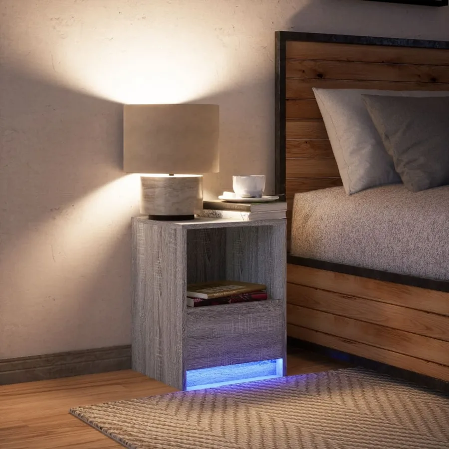 Armoires de chevet et lumières LED 2 pcs chêne fumé - 5