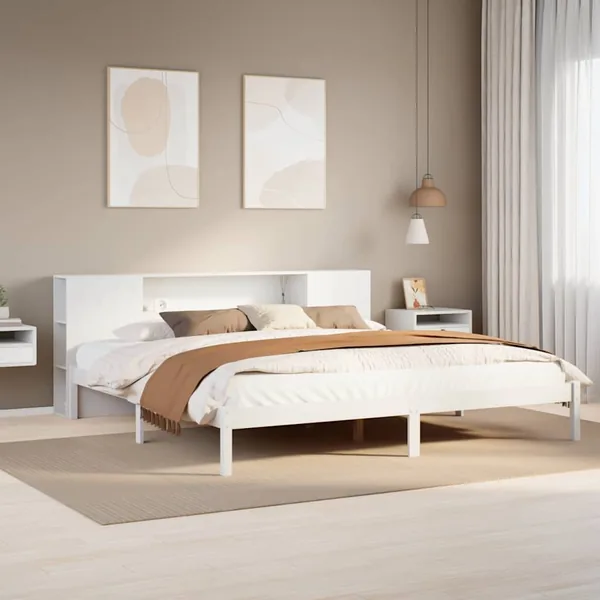 Lit bibliothèque sans matelas blanc 200x200 cm bois pin massif