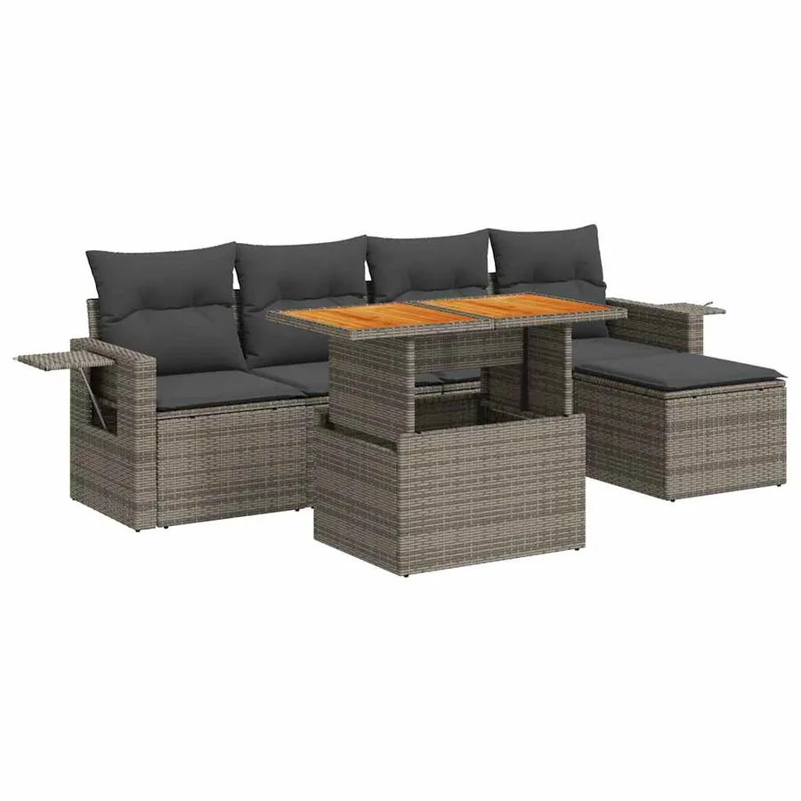 Salon de jardin 6 pcs avec coussins gris résine tressée - 2