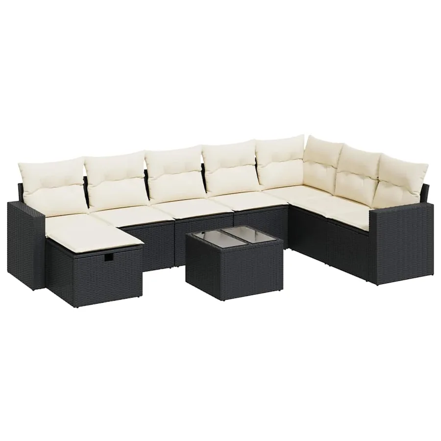 Salon de jardin 9 pcs avec coussins noir résine tressée - 2