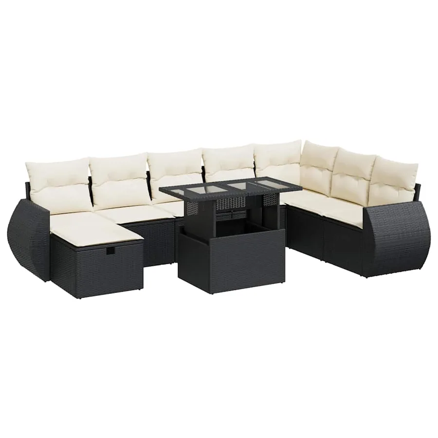 Salon de jardin 9 pcs avec coussins noir résine tressée - 2