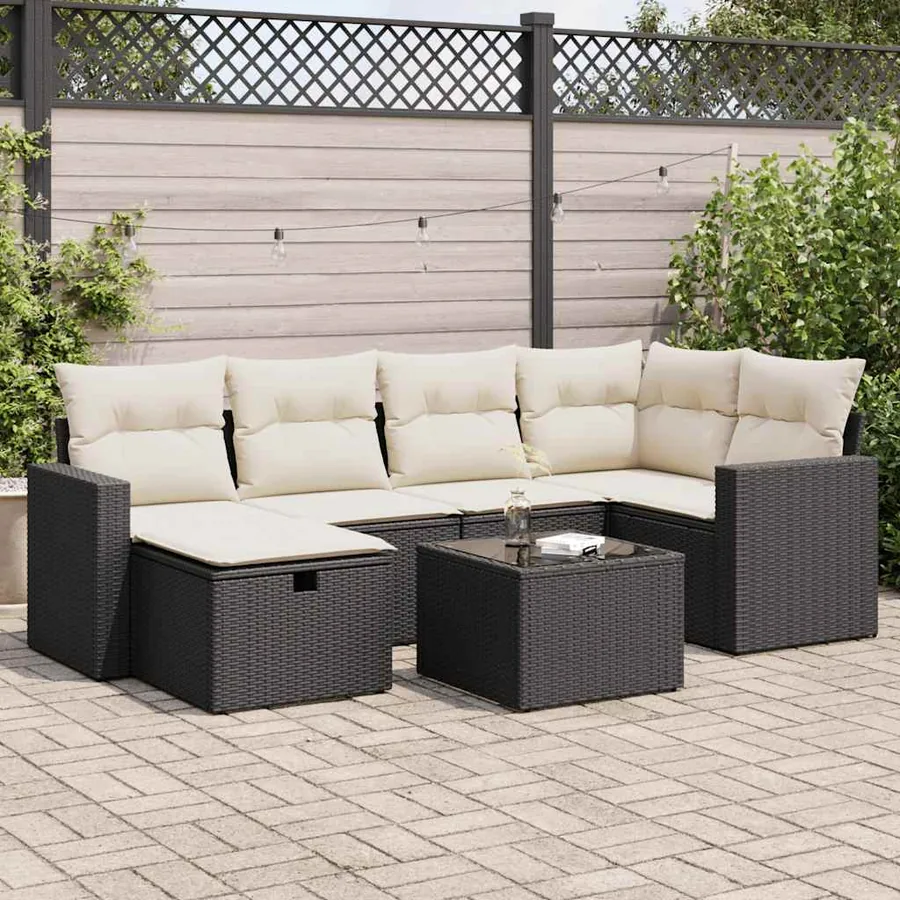 Salon de jardin 7 pcs avec coussins noir résine tressée 65,5 x 62 x 69 cm - 60,2 kg