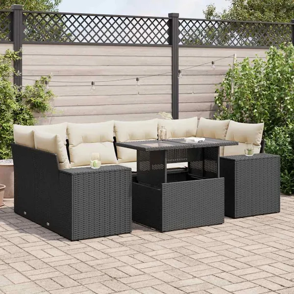 Salon de jardin 7 pcs avec coussins noir résine tressée 62 x 62 x 69 cm - 73,7 kg