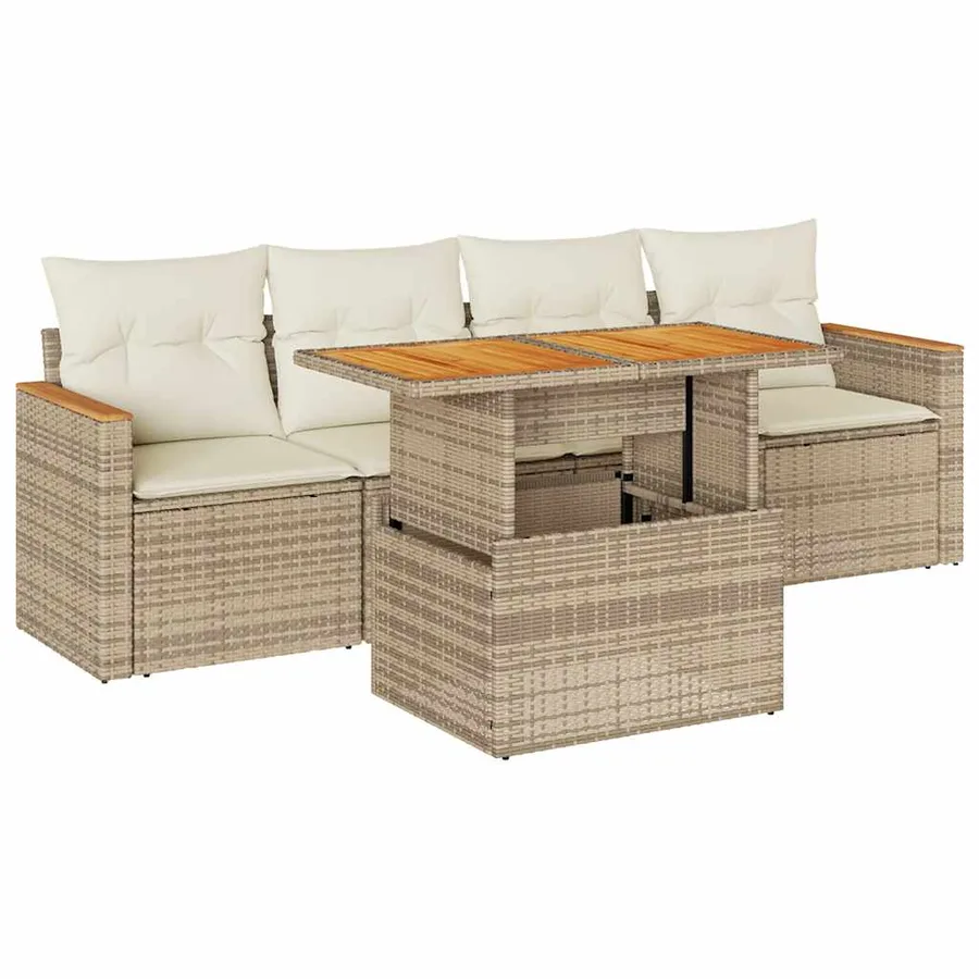 Salon de jardin avec coussins 5 pcs beige résine tressée acacia - 2