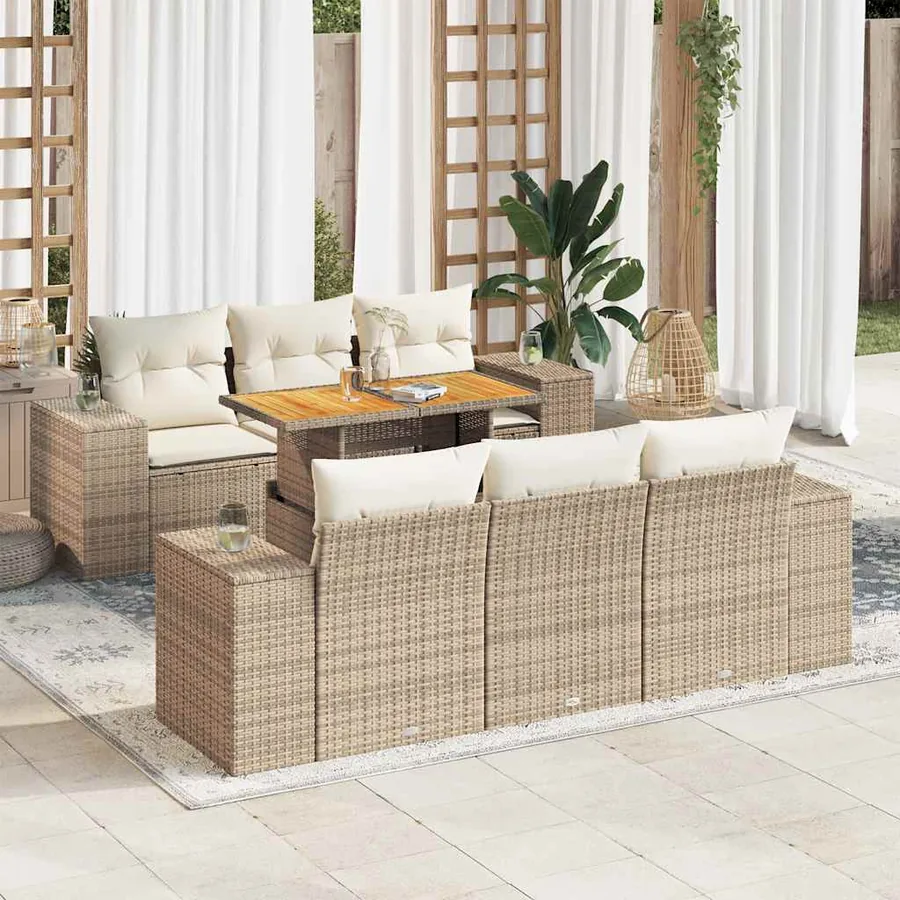 Salon de jardin avec coussins 7 pcs beige résine tressée