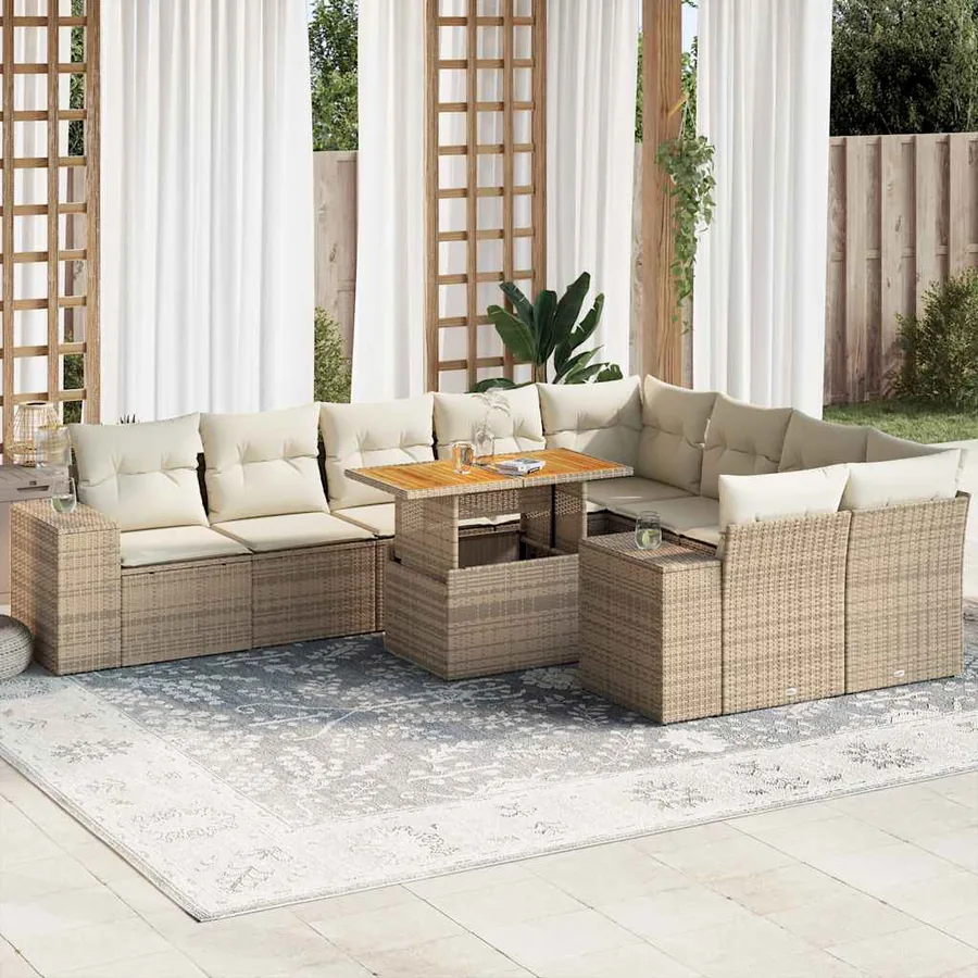Salon de jardin avec coussins 10pcs beige résine tressée acacia