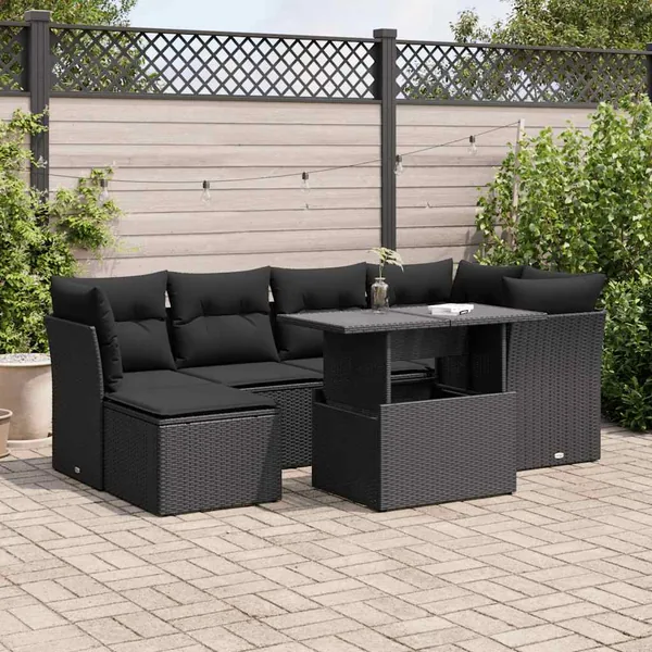 Salon de jardin 7 pcs avec coussins noir résine tressée 55 x 62 x 69 cm - 68,2 kg