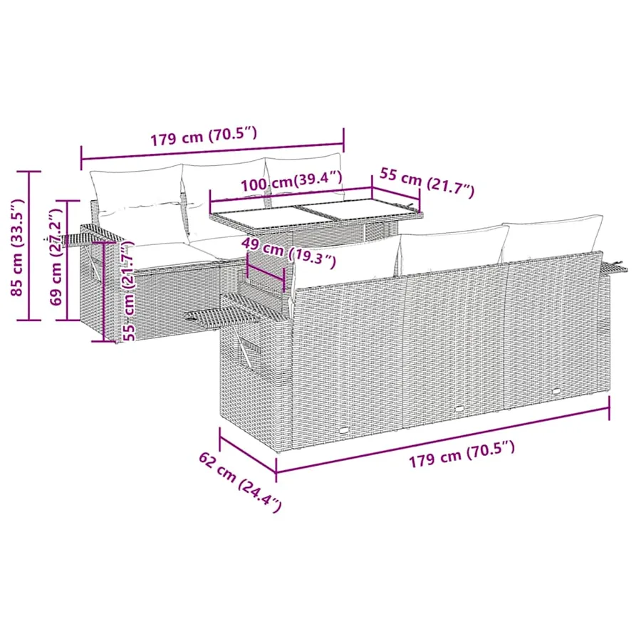 Salon de jardin 7 pcs avec coussins noir résine tressée 55 x 62 x 69 cm - 72,2 kg - 12