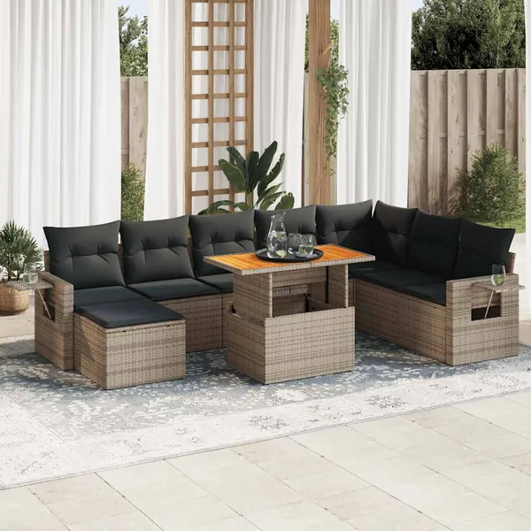 Salon de jardin 9 pcs avec coussins gris résine tressée