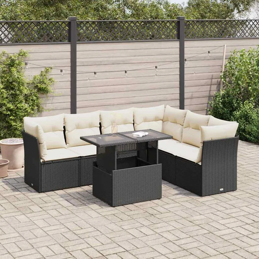 Salon de jardin 7 pcs avec coussins noir résine tressée 55 x 62 x 69 cm - 68,5 kg