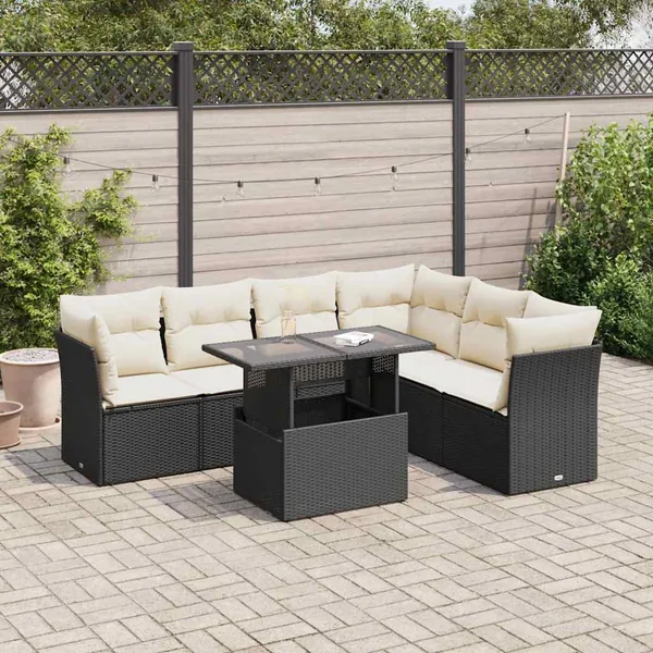 Salon de jardin 7 pcs avec coussins noir résine tressée 55 x 62 x 69 cm - 68,5 kg