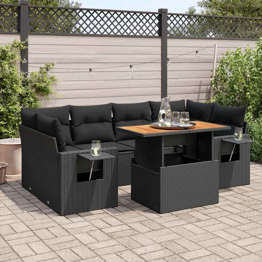 Salon de jardin 7 pcs avec coussins noir résine tressée 62 x 62 x 69 cm - 69,6 kg