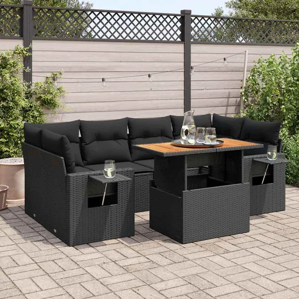 Salon de jardin 7 pcs avec coussins noir résine tressée 62 x 62 x 69 cm - 69,6 kg