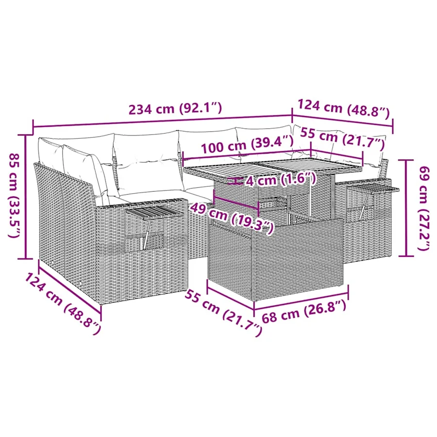 Salon de jardin 7 pcs avec coussins noir résine tressée 62 x 62 x 69 cm - 69,6 kg - 16
