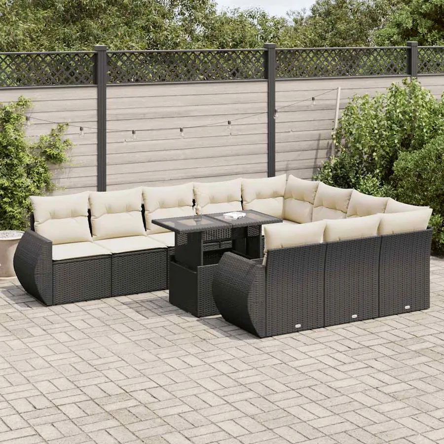 Salon de jardin 11 pcs avec coussins noir résine tressée