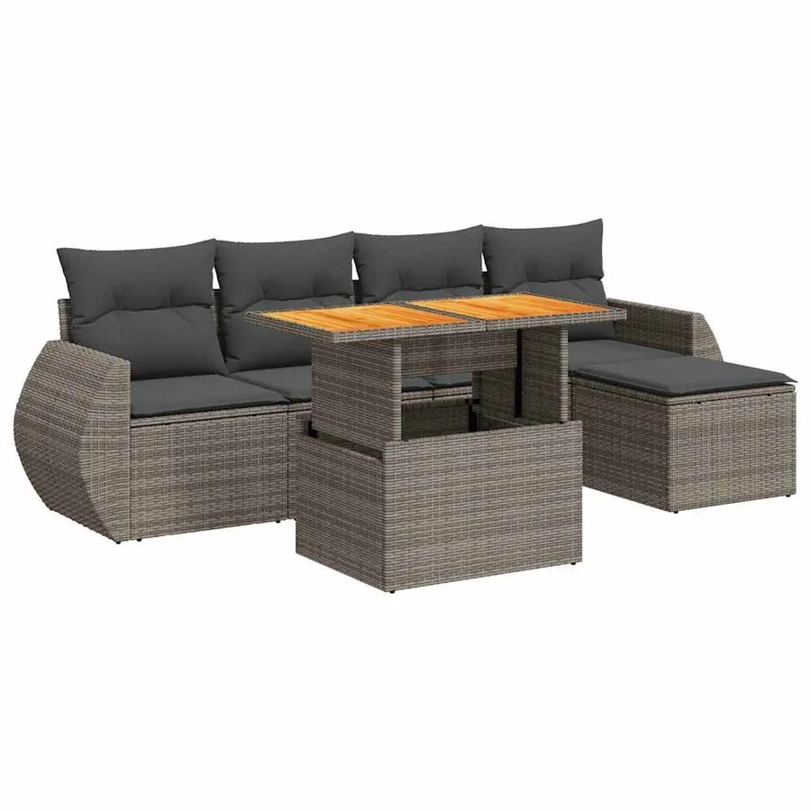 Salon de jardin 6 pcs avec coussins gris résine tressée - 2