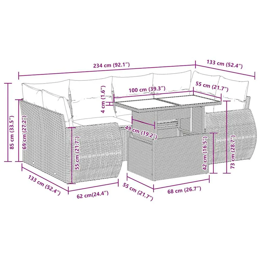 Salon de jardin 7 pcs avec coussins noir résine tressée 55 x 62 x 69 cm - 71,0 kg - 14