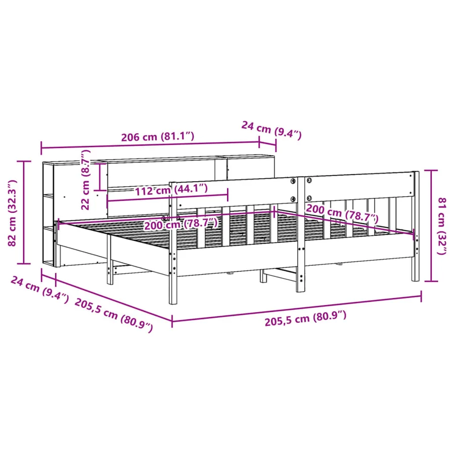 Lit bibliothèque sans matelas cire marron 200x200 cm pin massif - 12