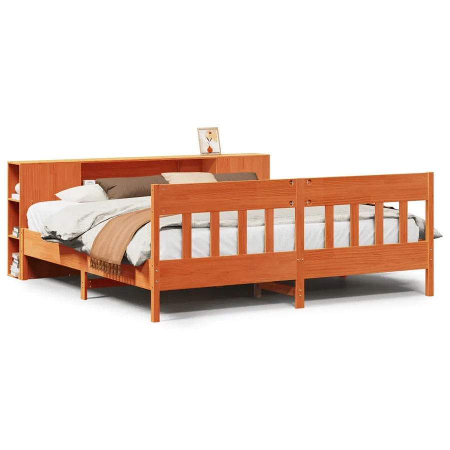 Lit bibliothèque sans matelas cire marron 200x200 cm pin massif - 2