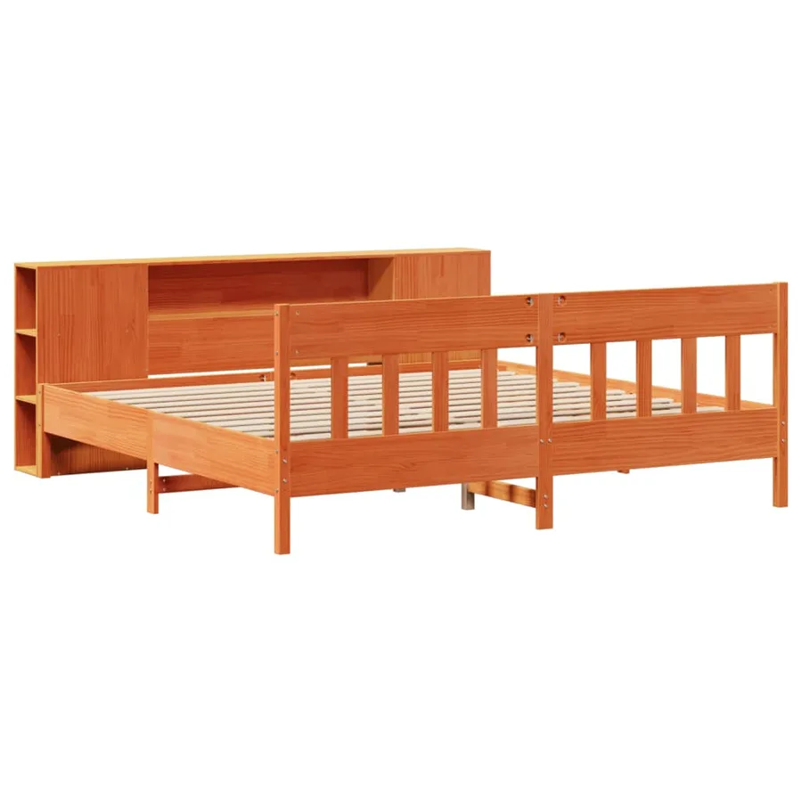 Lit bibliothèque sans matelas cire marron 200x200 cm pin massif - 3