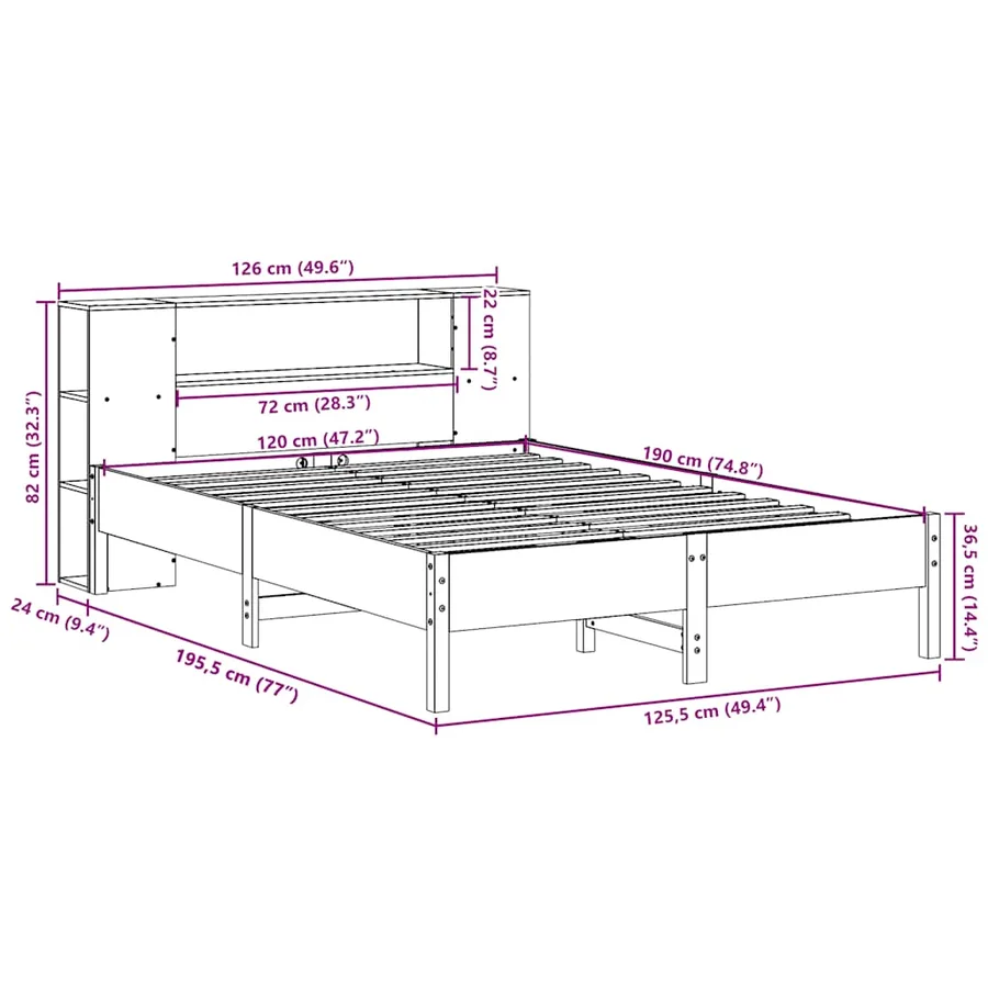 Lit bibliothèque sans matelas blanc 120x190 cm bois pin massif - 11