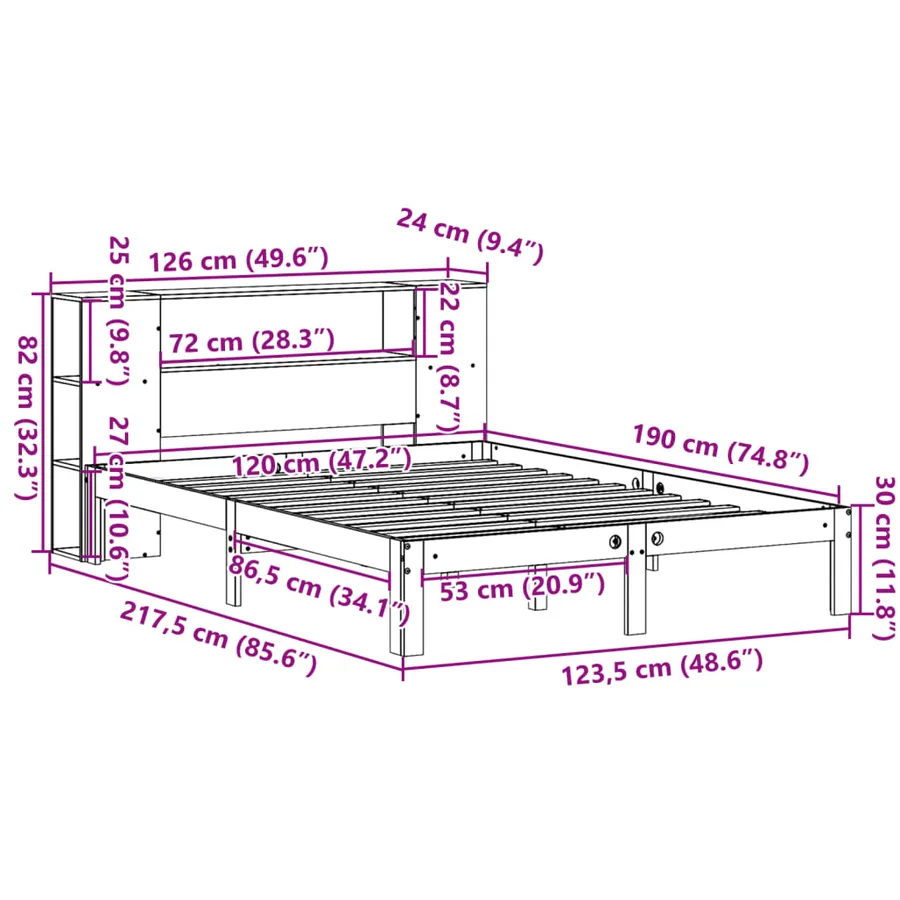 Lit bibliothèque sans matelas blanc 120x190 cm bois pin massif - 11