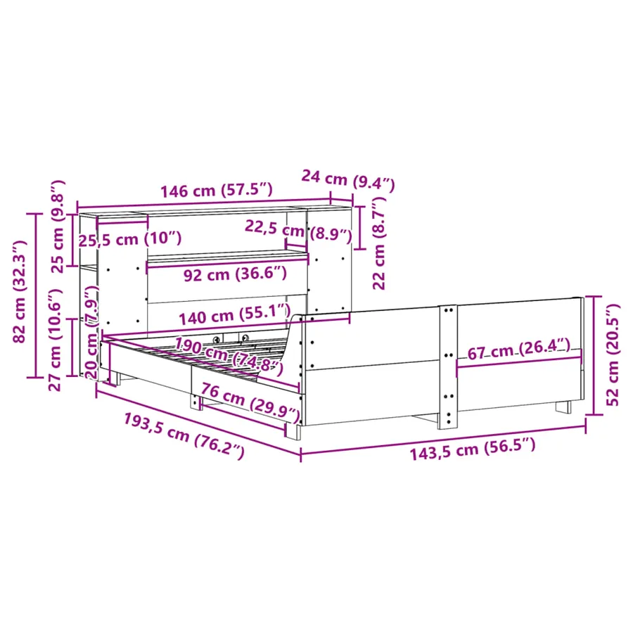 Cadre de lit sans matelas blanc 140x190 cm bois de pin massif - 12