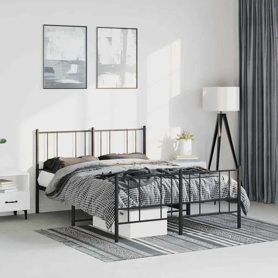 Cadre de lit métal sans matelas avec pied de lit noir 135x190cm