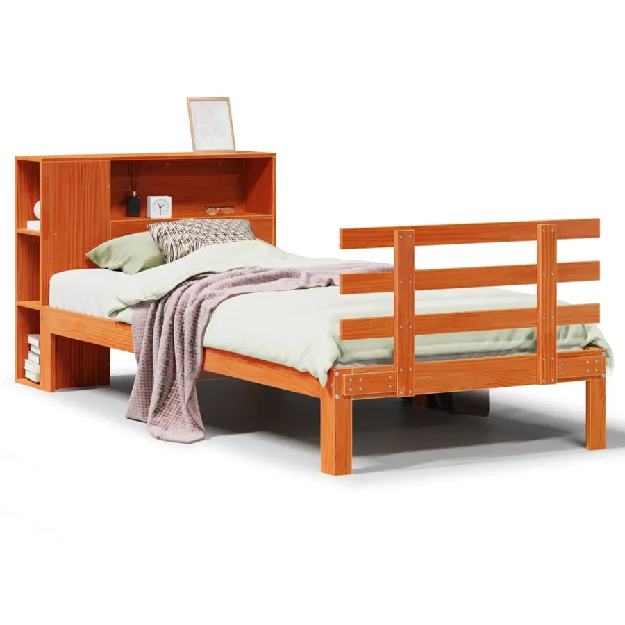 Lit bibliothèque sans matelas cire marron 100x200 cm pin massif - 2