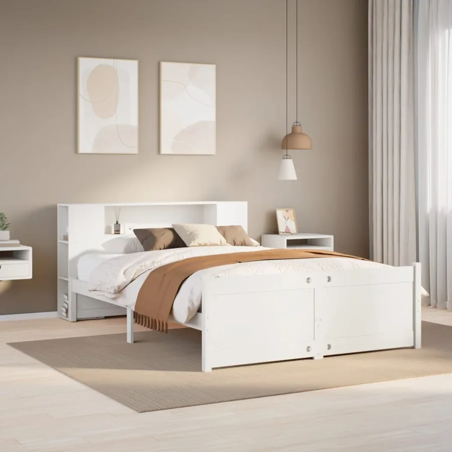 Lit bibliothèque sans matelas blanc 140x200 cm bois pin massif