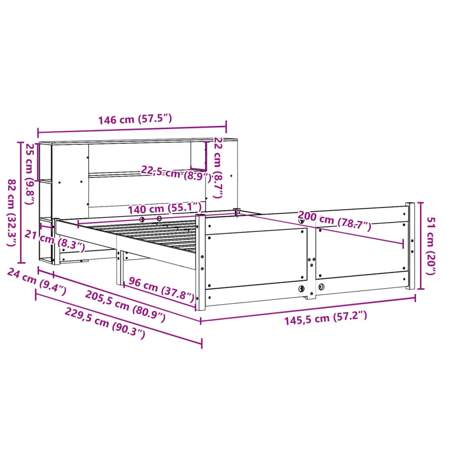 Lit bibliothèque sans matelas blanc 140x200 cm bois pin massif - 11