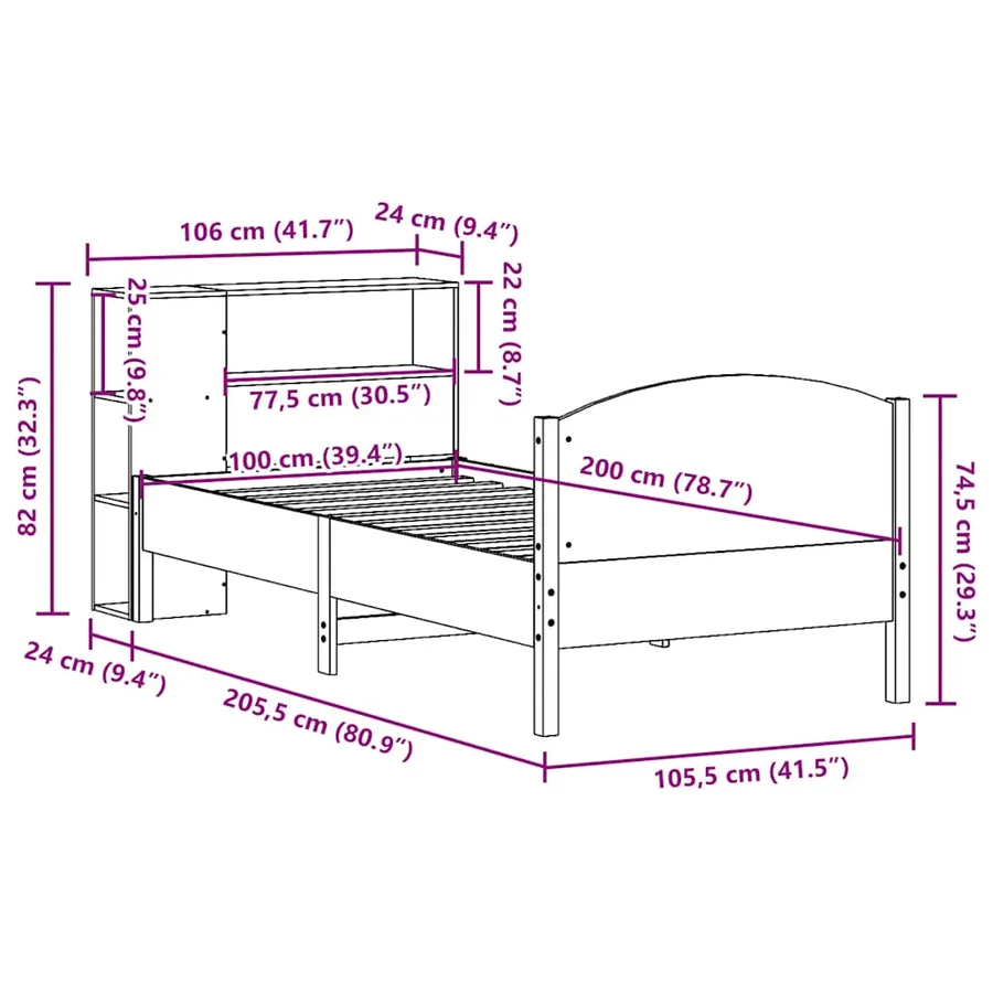 Lit bibliothèque sans matelas cire marron 100x200 cm pin massif - 12